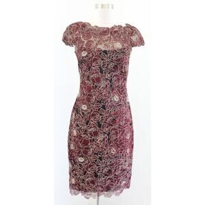 Tadashi Shoji Red Black Lace Motif Lace Sheath Dress Size 2 Cocktail Evening